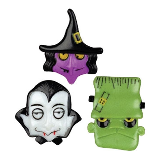 Assorted 1-1/2-inch Monster Mix cupcake rings featuring a purple witch in a black hat, pale vampire face, and green stitched monster face.