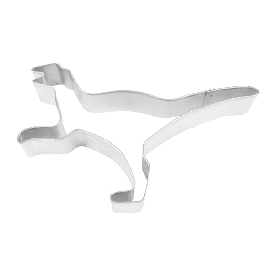 Top-down view of a Velociraptor-shaped metal cookie cutter, showcasing its distinct dinosaur outline with a long tail, sharp claws, and an open-mouthed stance. The cutter’s jagged edges define the prehistoric creature’s fierce look, making it perfect for dinosaur-themed cookies, fondant, or crafting projects.