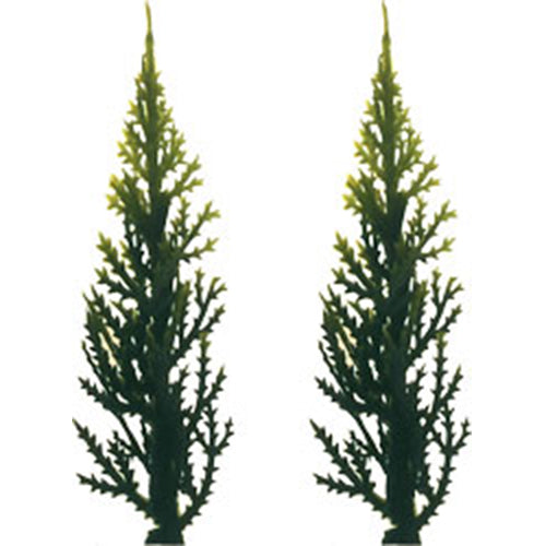 Pair of 3-inch variegated evergreen tree cake toppers with realistic detailing for woodland or winter-themed desserts