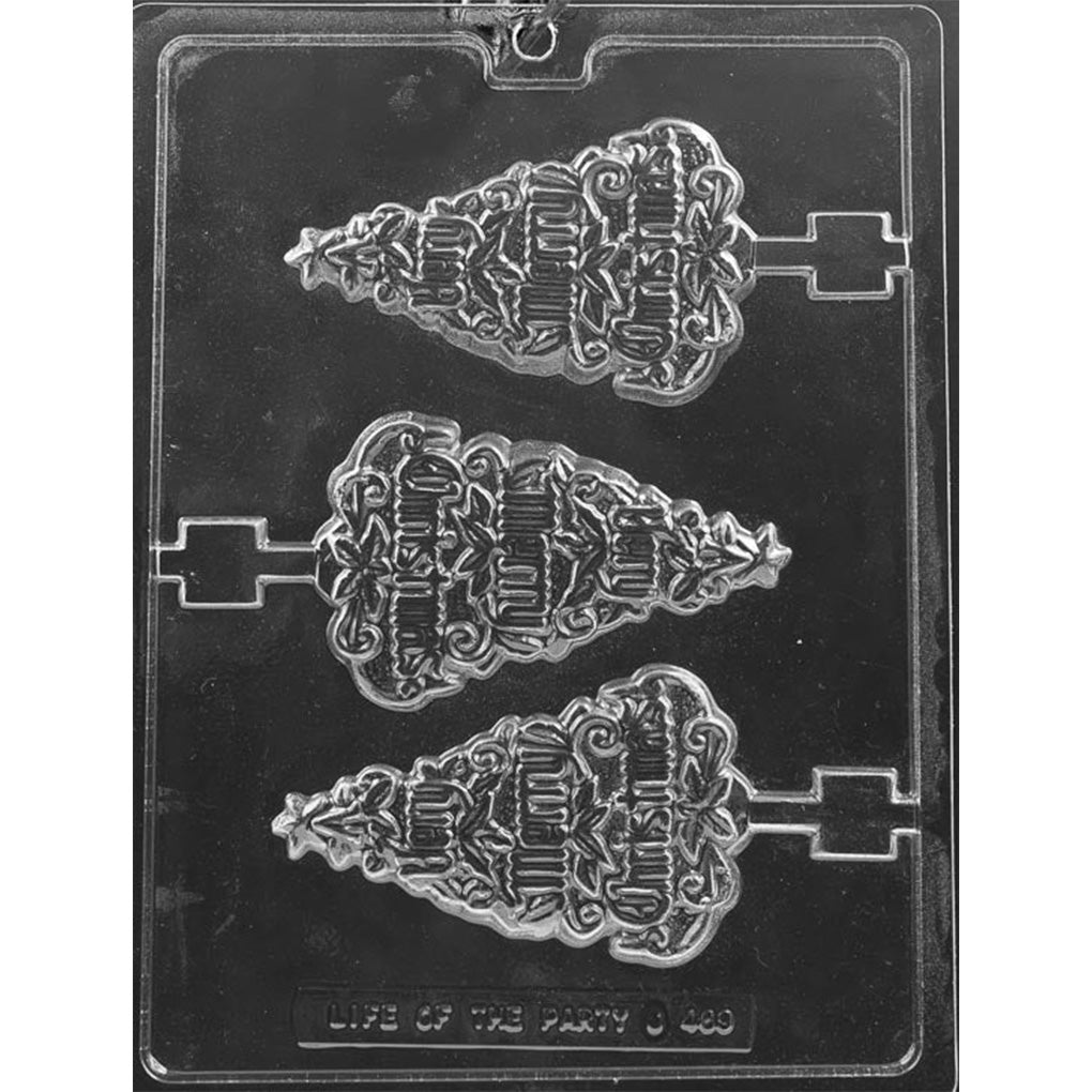 Clear plastic chocolate lollipop mold with three Christmas tree cavities that read “Very Merry Christmas.”