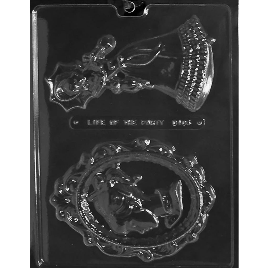 Black plastic chocolate mold with two cavities: a Victorian woman in a long dress holding an umbrella and an oval cameo-style frame featuring a female figure.