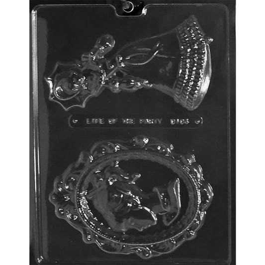 Black plastic chocolate mold with two cavities: a Victorian woman in a long dress holding an umbrella and an oval cameo-style frame featuring a female figure.