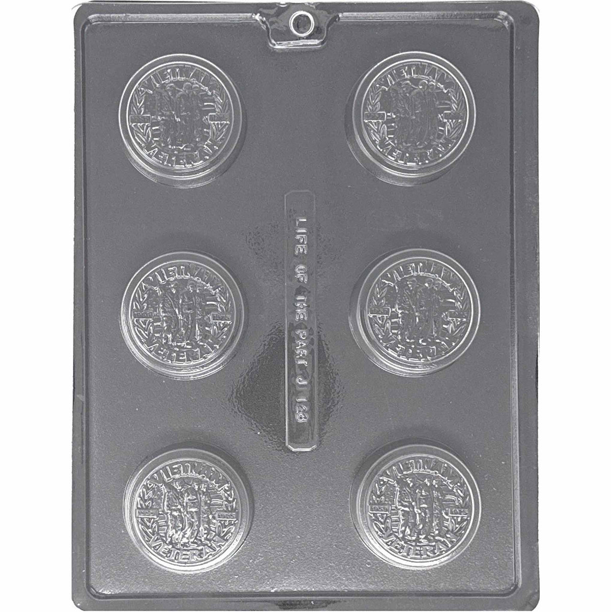 Clear Vietnam Veteran Chocolate Covered Oreo Mold photographed against a black background with six round cavities featuring detailed Vietnam Veteran emblems.