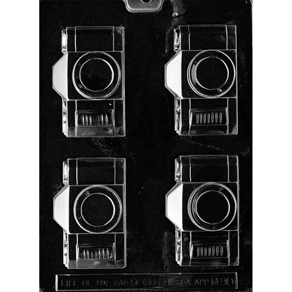 Clear plastic Vintage Camera Chocolate Mold with four flat-backed camera cavities featuring round lenses, viewfinders, and ribbed lower panels
