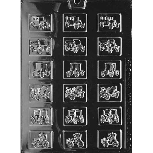 Old time car mints chocolate mold with 18 small rectangular cavities, each embossed with a different vintage early 1900s car