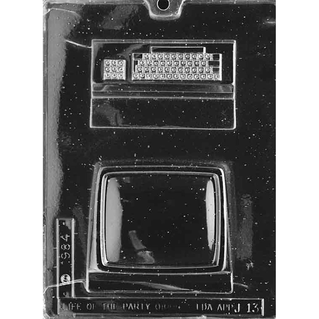 Two-cavity vintage computer chocolate mold with separate CRT monitor and detailed keyboard base pieces that form one freestanding 4 x 4 1/2 x 4 1/8-inch computer
