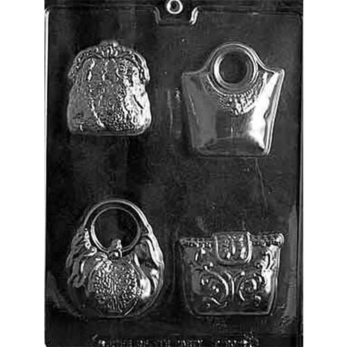 Chocolate mold with four vintage purse cavities in assorted handbag styles, including rounded purses, ring-handle bags, and a structured purse design