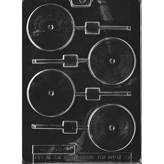 Four-cavity vinyl record chocolate lollipop mold with 2 3/4-inch grooved record designs, center labels, and built-in stick channels