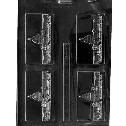 Clear plastic chocolate bar mold with four rectangular cavities showing a raised U.S. Capitol building silhouette and the text “U.S. Capitol, Washington D.C.” inside a framed border on a dark background.