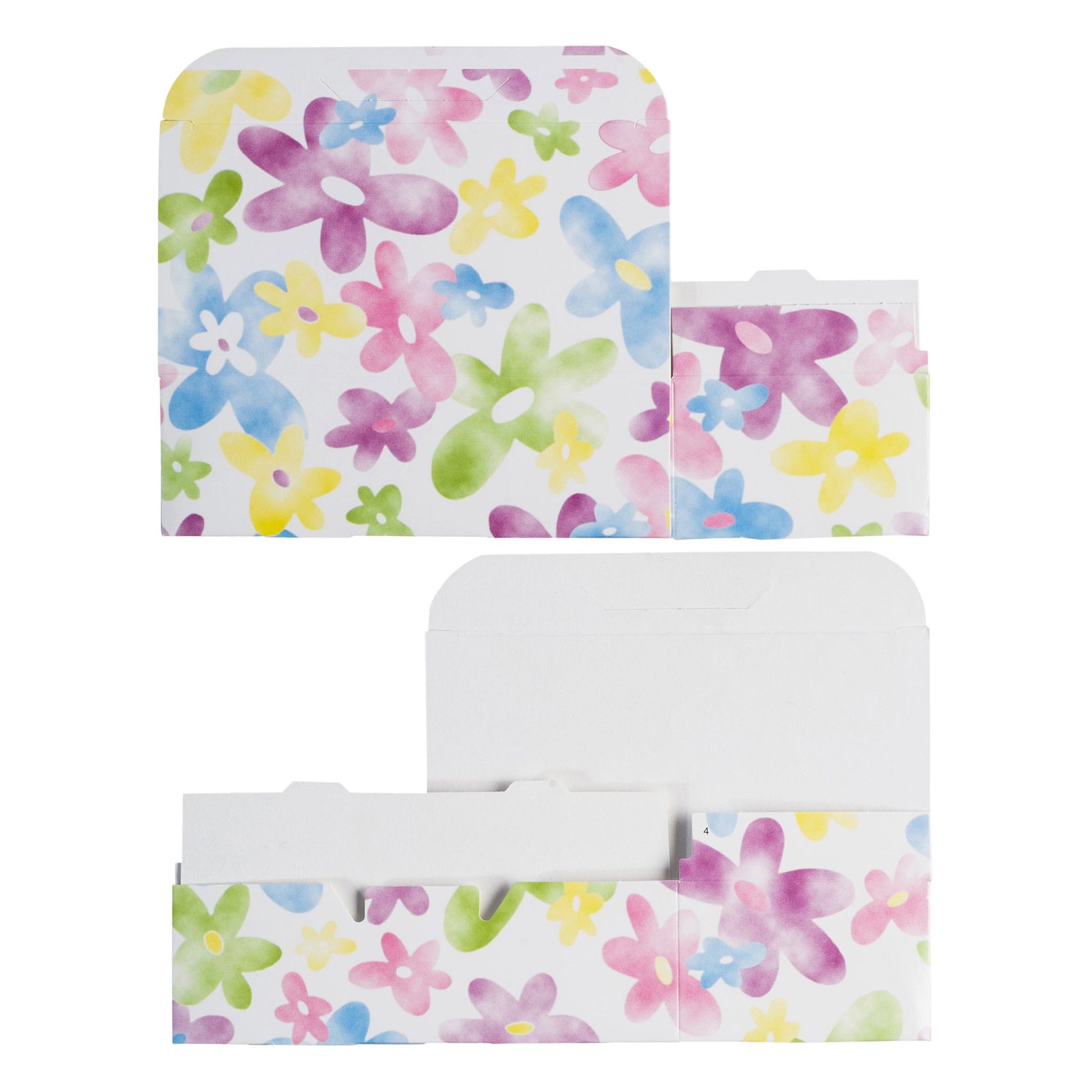 Watercolor daisy candy box shown in assembled and flat-folded views on a white background.