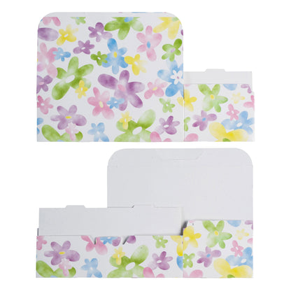 Watercolor daisy candy box shown in flat and assembled views on a white background, highlighting the fold lines and lid.