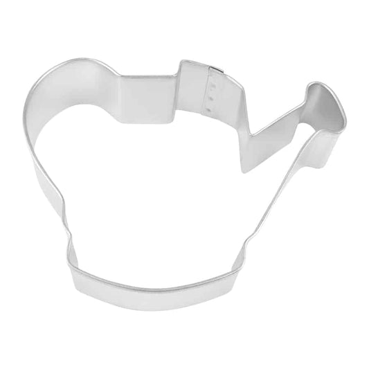 Metal cookie cutter shaped like a watering can with a curved handle and a spout, designed for making garden-themed cookies and baked goods.