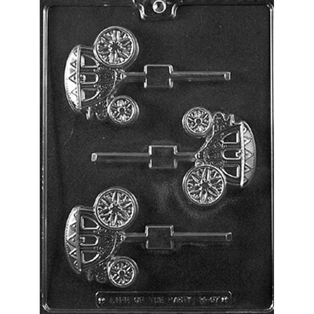 Three-cavity wedding carriage chocolate lollipop mold with ornate coach bodies, domed canopies, scrollwork, spoked wheels, and stick channels