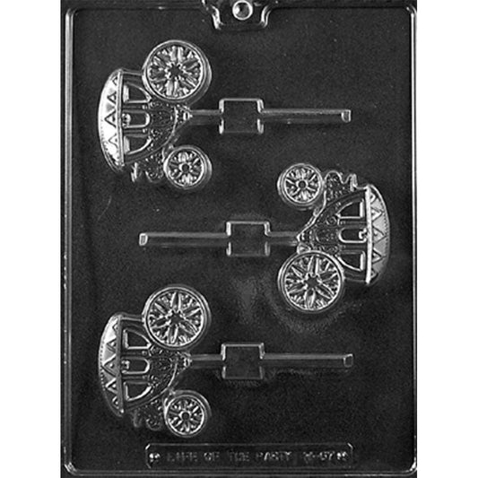 Three-cavity wedding carriage chocolate lollipop mold with ornate coach bodies, domed canopies, scrollwork, spoked wheels, and stick channels