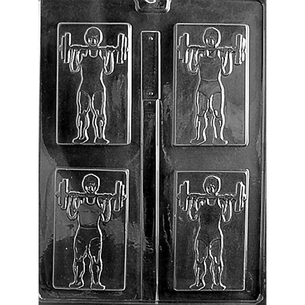 Four-cavity chocolate bar mold with rectangular designs showing a full-body weight lifter holding a loaded barbell at shoulder height.