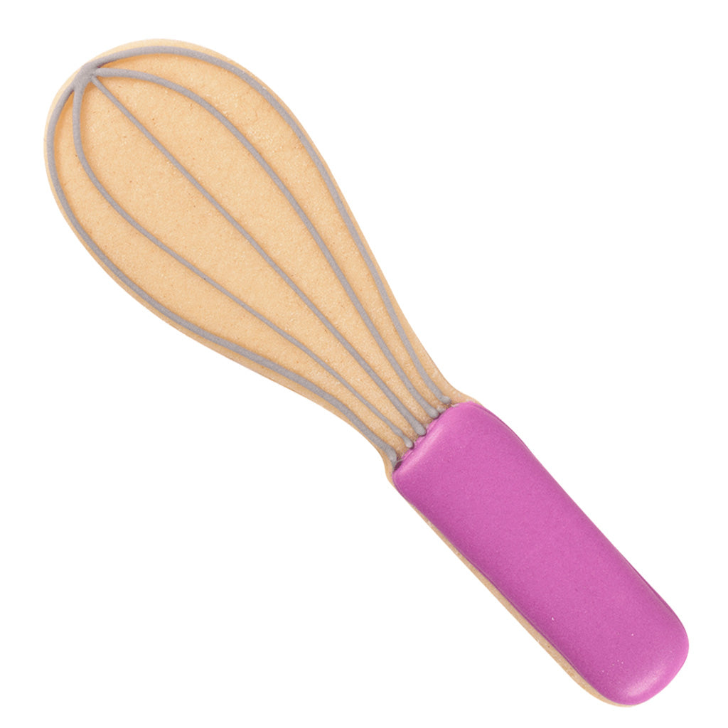 Decorated cookie shaped like a whisk with a purple handle and gray icing details mimicking wire loops.