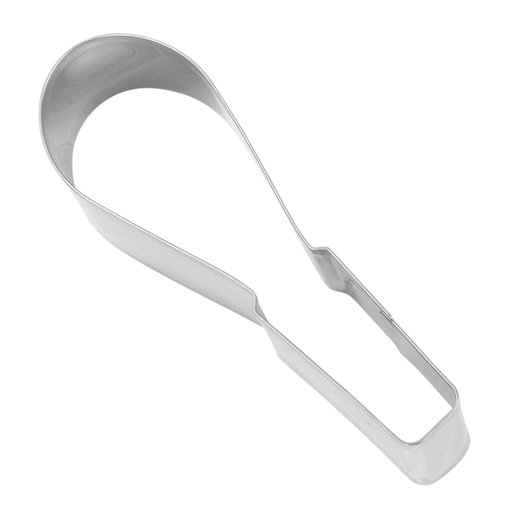 Top-down view of a whisk-shaped cookie cutter with a handle and looped wire design.