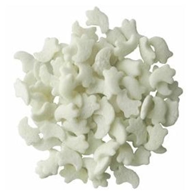Pile of white ghost-shaped sprinkles on a white background.
