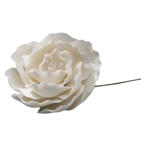 White gum paste briar rose with layered petals and wired stem, 3 inches wide