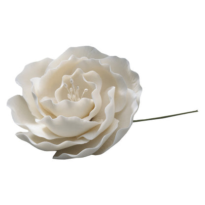 White gum paste briar rose with layered petals and wired stem, 3 inches wide