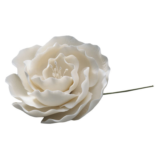White gum paste briar rose with layered petals and wired stem, 3 inches wide