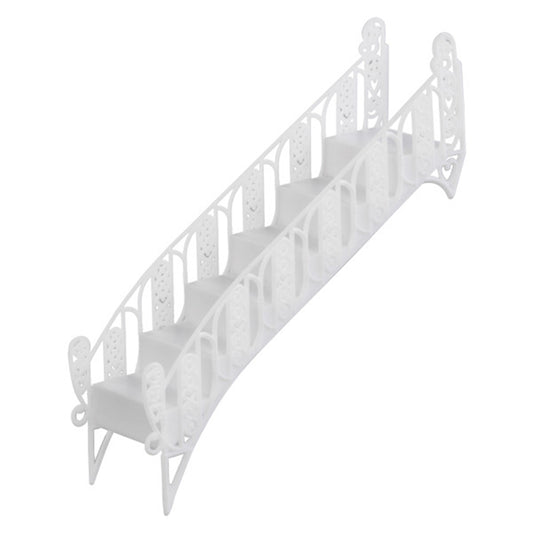White plastic decorative bridge staircase cake topper with ornate railing detail, measuring approximately 13.85" long x 3.1" wide x 3.75" tall