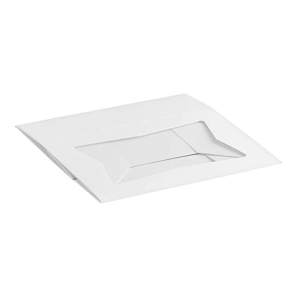 Flat white bakery box blank with a clear plastic window cutout, shown unassembled on a white background.