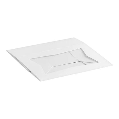 Flat white bakery box blank with a clear plastic window cutout, shown unassembled on a white background.