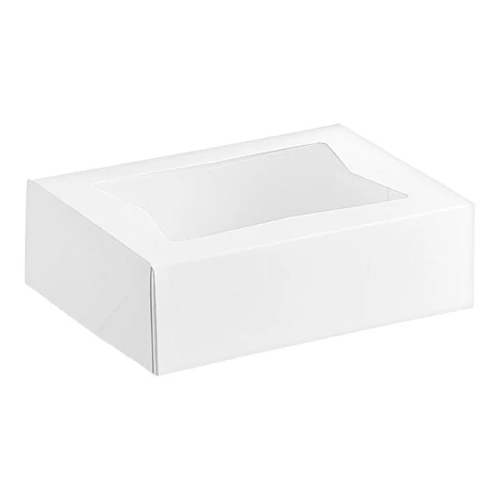 White rectangular bakery box with a clear window on the lid, shown closed on a white background.