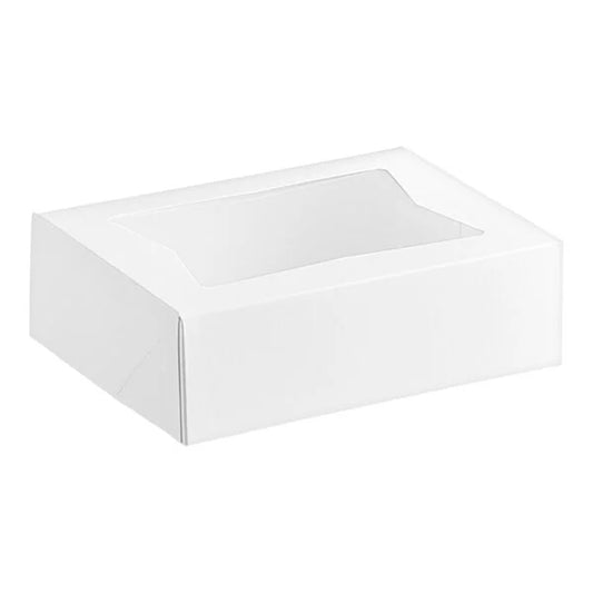 White rectangular bakery box with a clear window on the lid, shown closed on a white background.