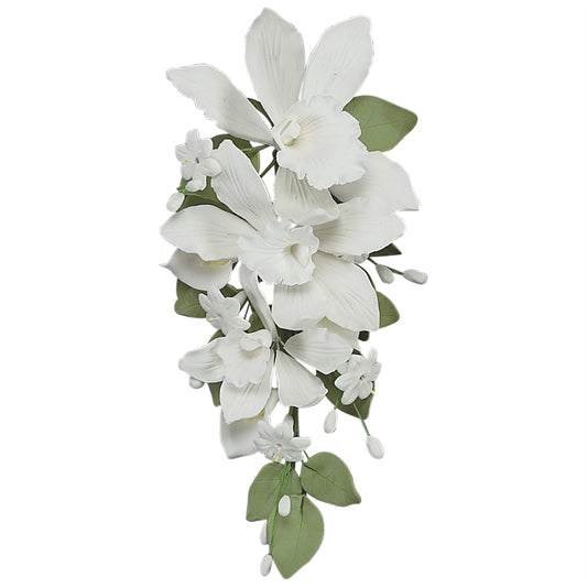 8-inch white gum paste cymbidium orchid spray with cascading flowers, green leaves, and buds for elegant cake decoration.