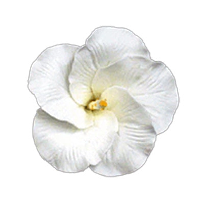 White gum paste hibiscus flower with curled petals, subtle veined texture, and a pale yellow center on a white background.
