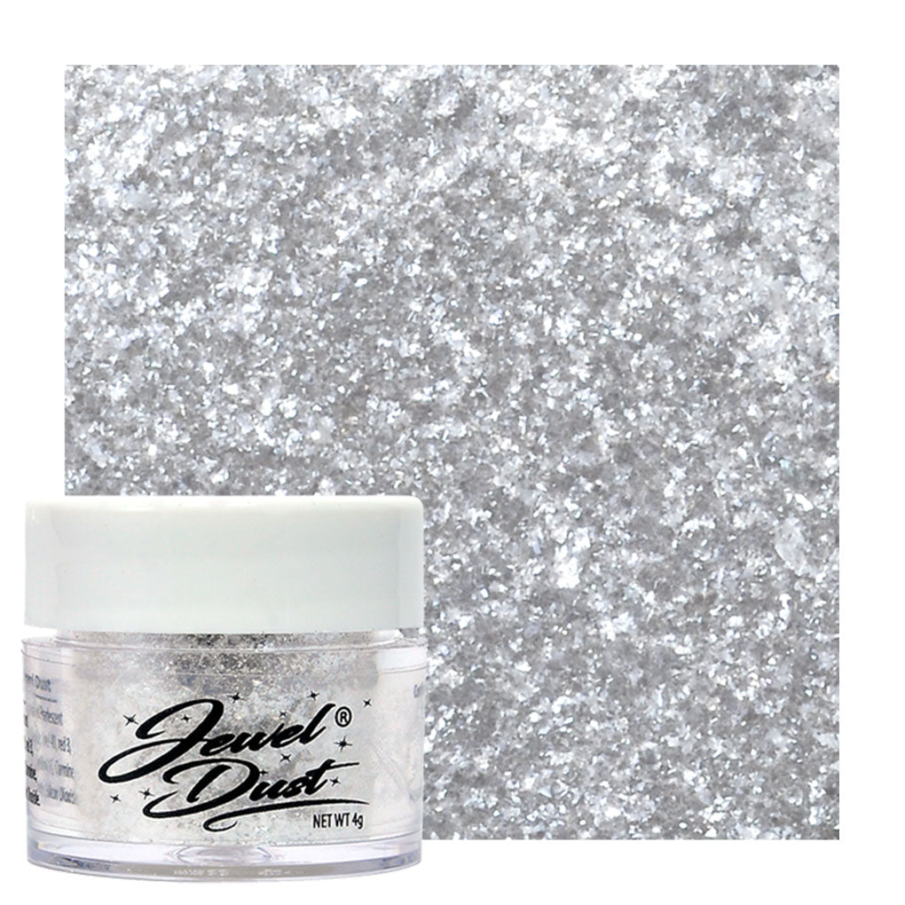 white jewel Dust edible glitter jar with bright metallic sparkle swatch for cakes, cupcakes, cookies, and desserts.