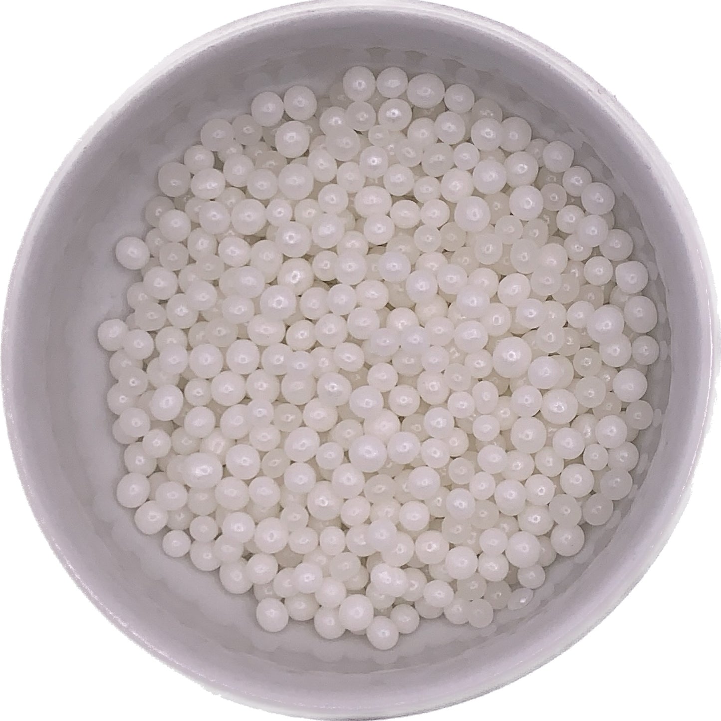 Bowl filled with white and ivory pearlized sugar pearls, 4mm size, ideal for cake and cookie decorating