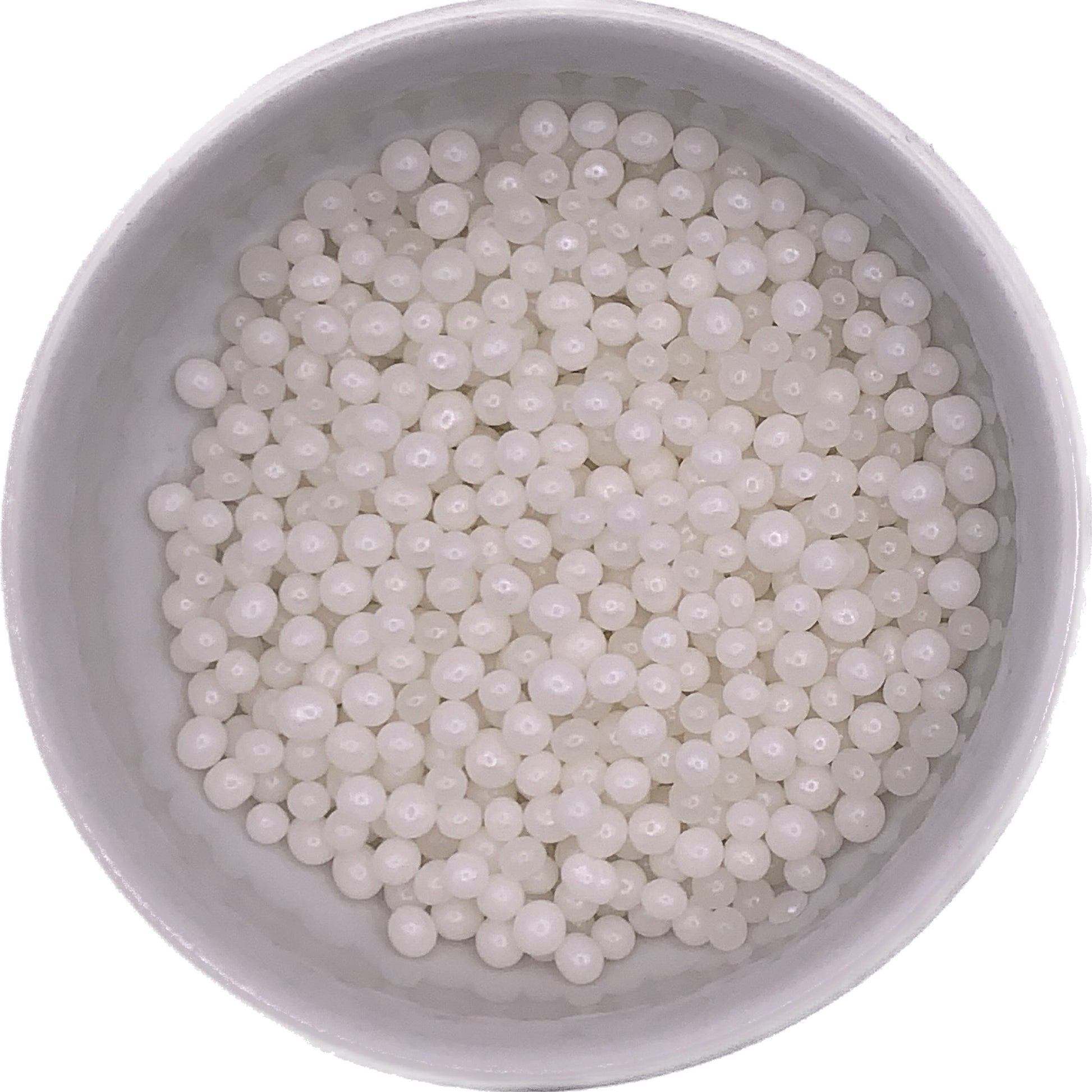 Bowl filled with white and ivory pearlized sugar pearls, 4mm size, ideal for cake and cookie decorating