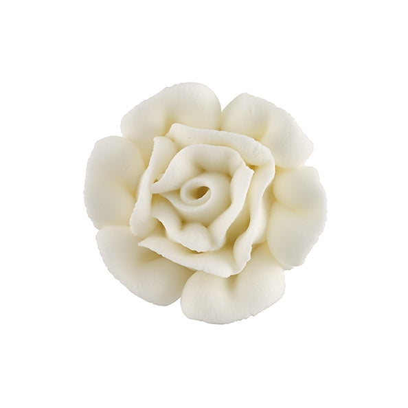 white royal icing rose with layered petals, 1.75 inches in diameter