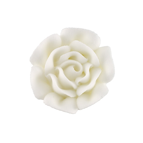 White royal icing rose with smooth petals, ideal for wedding cakes.
