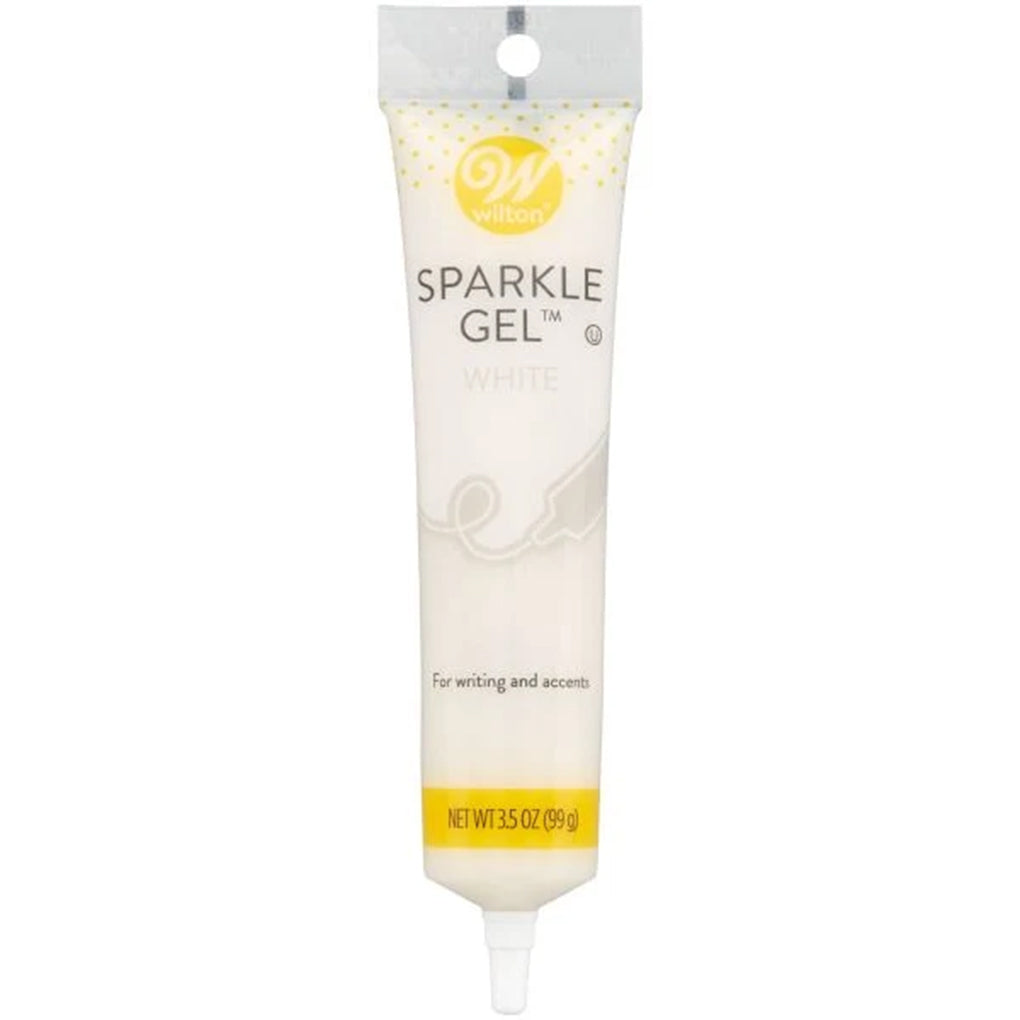 Wilton White Sparkle Gel in a 3.5-ounce squeeze tube with a white gel color, yellow Wilton logo, and narrow decorating tip.