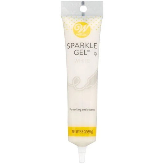 Wilton White Sparkle Gel in a 3.5-ounce squeeze tube with a white gel color, yellow Wilton logo, and narrow decorating tip.