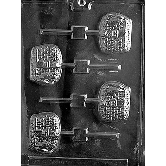 Wicker fishing basket chocolate lollipop mold with 4 creel-shaped cavities, basket weave detail and built-in stick channels