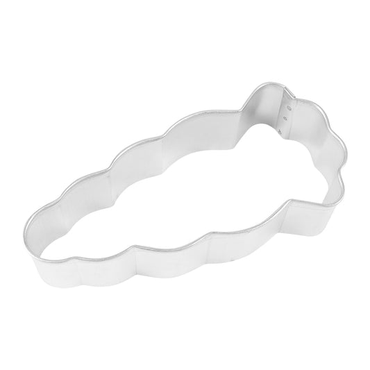 Top-down view of a wide carrot-shaped metal cookie cutter with scalloped edges.