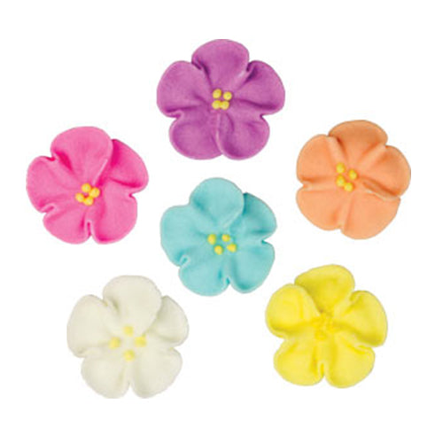 Assorted wild rose royal icing decorations, 1 inch, in pink, purple, orange, blue, white, and yellow, edible flowers for cakes and cupcakes