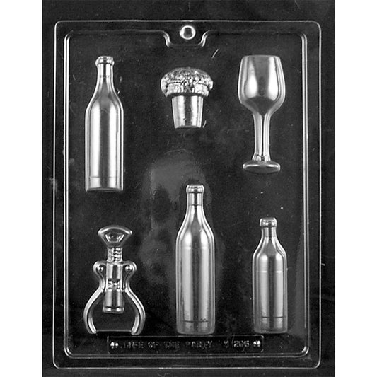 Wine lovers assortment chocolate mold with wine bottles, cork, wine glass and corkscrew cavities