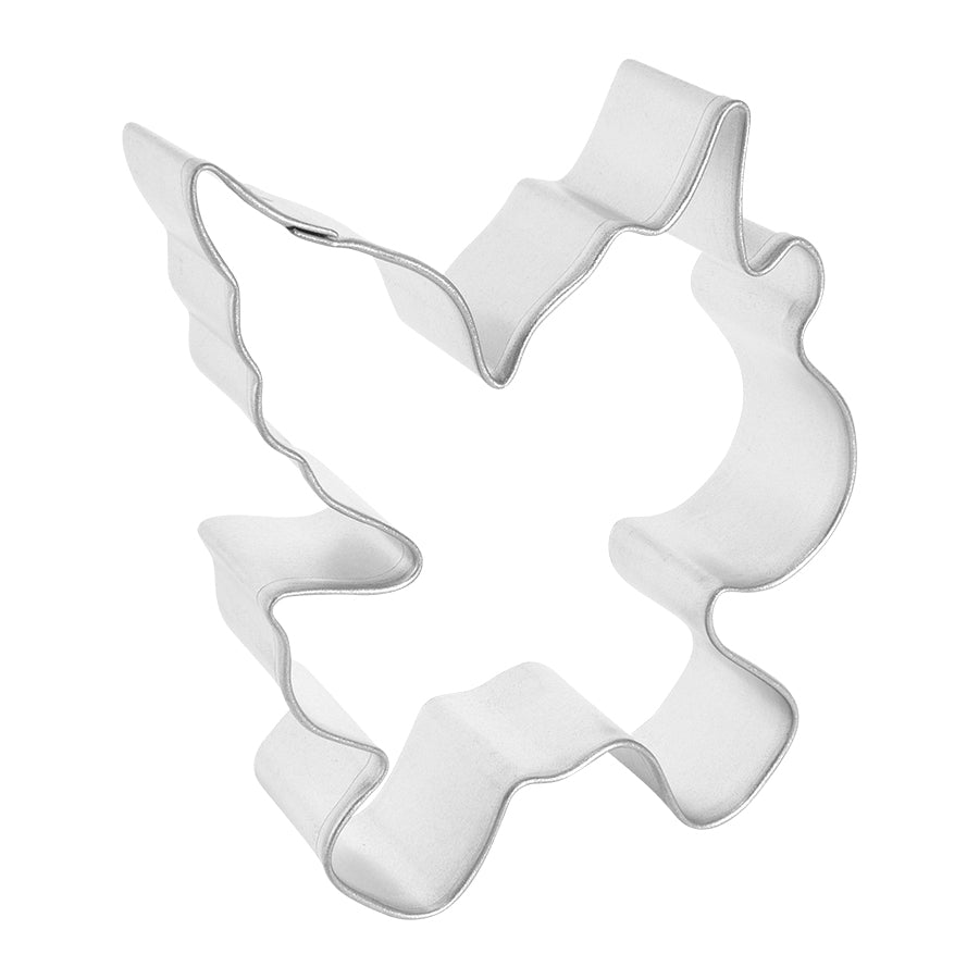 Angled side view of the winged unicorn cookie cutter, showing its sturdy structure and intricate shape.