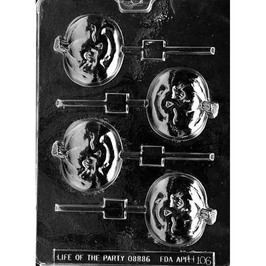 Clear plastic chocolate lollipop mold with four pumpkin-shaped cavities, each showing a smiling winking jack-o’-lantern face.