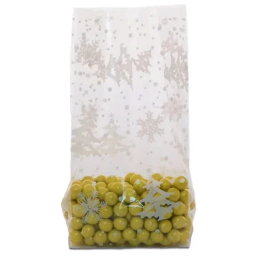 Large clear Winter Flurry cello treat bag printed with snowflakes and pine trees for packaging Christmas cookies, chocolates, candy, and holiday treats.