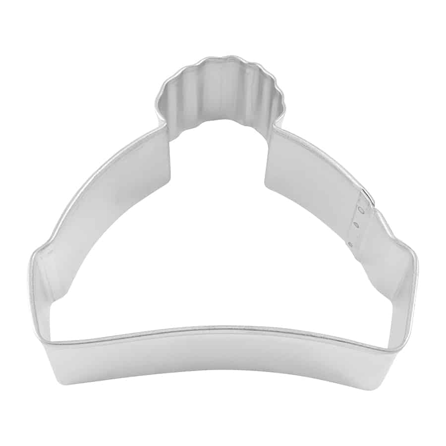 Metal winter hat-shaped cookie cutter with a rounded top and slightly curved brim.