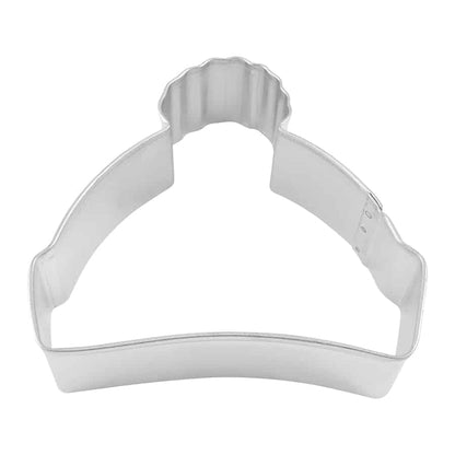 Metal winter hat-shaped cookie cutter with a rounded top and slightly curved brim.