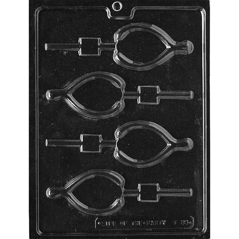Wishbone chocolate lollipop mold with four wishbone-shaped cavities and stick channels.