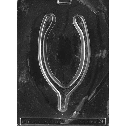 Clear plastic chocolate mold with one large wishbone-shaped cavity featuring a curved forked design for casting an oversized wishbone chocolate.